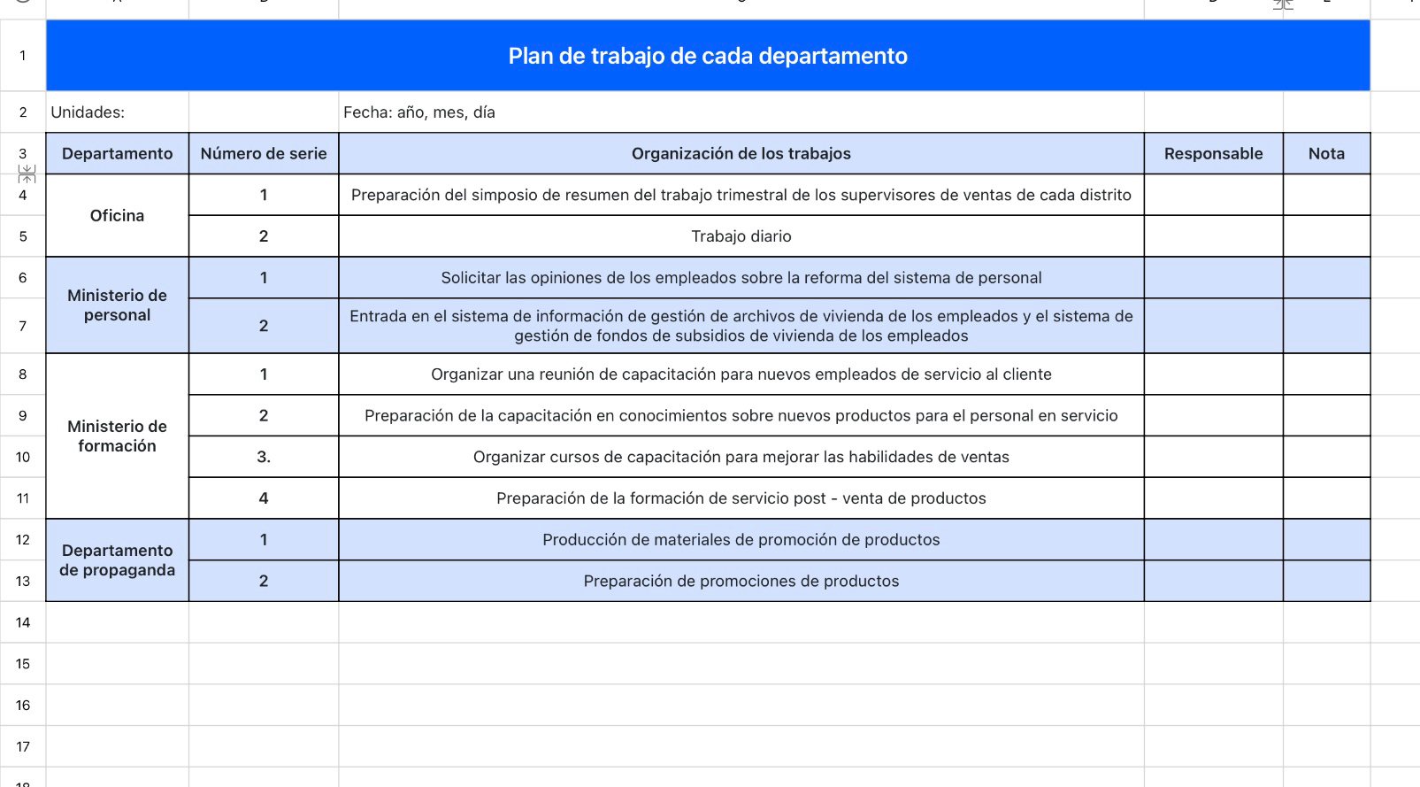 Plan de trabajo de cada departamento
